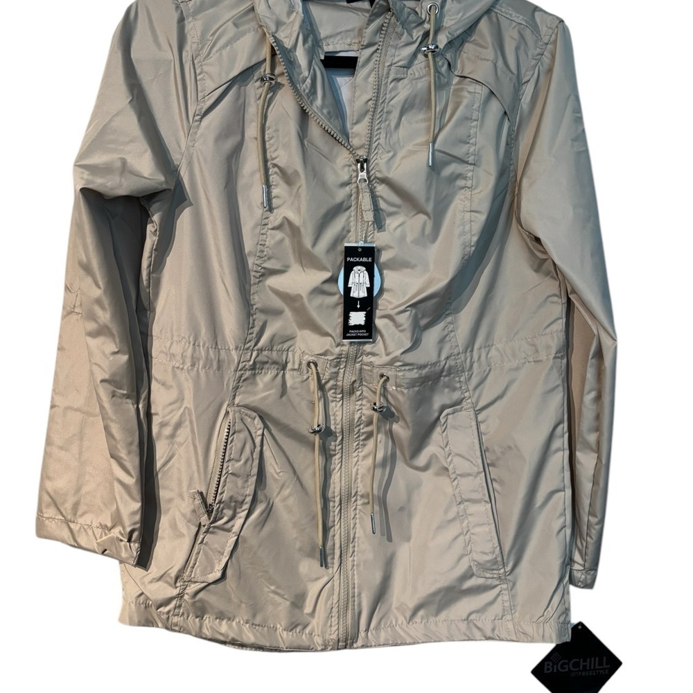 Big Chill Women's Beige Hooded Water Resist Windbreaker cinchwaist Jacket Small - Picture 3 of 16